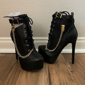 NWT Black Heeled Booties with Gold Chain